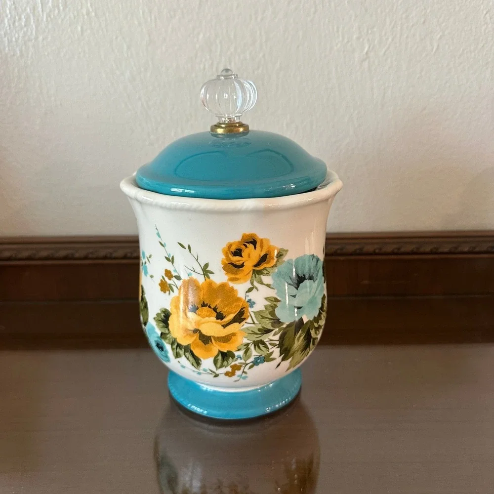 The Pioneer Woman Rose Shadow Stoneware Canister Teal Floral 8'' 38.5oz